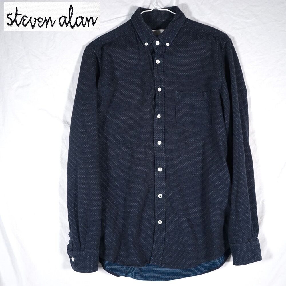 Steven Alan Button Up Shirt Men's Small Polka Dot Navy Blue